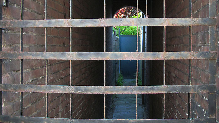 looking at a alley through a closed gate