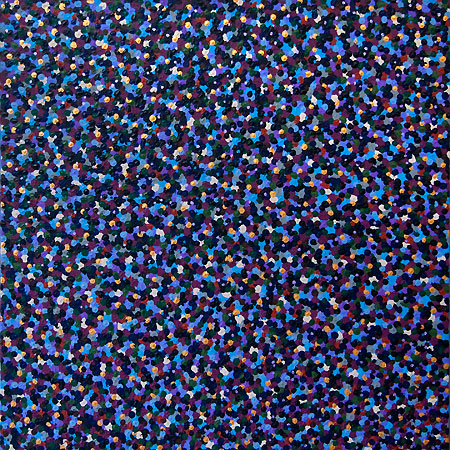 Painting of dark blue, blue, yellow and purple dots