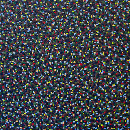 Painting of yellow, green, dark blue, light blue and yellow dots