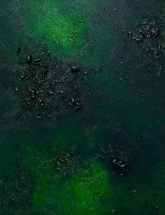 Textured dark green painting with light green spots