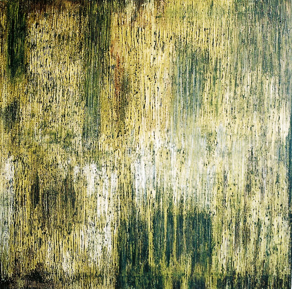 Rough looking green yellow painting with dark spots