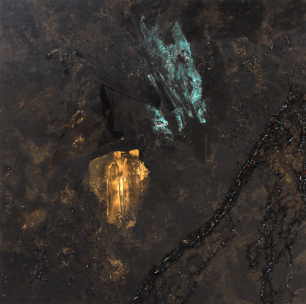 Dark textured painting with bleu and yellow stroke