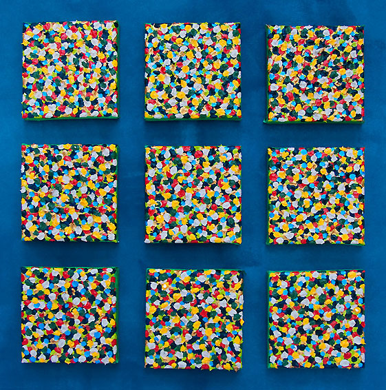 Nine paintings with red, yellow, green and white dots